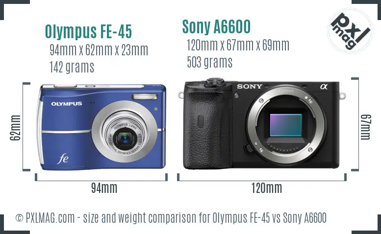 Olympus FE-45 vs Sony A6600 size comparison