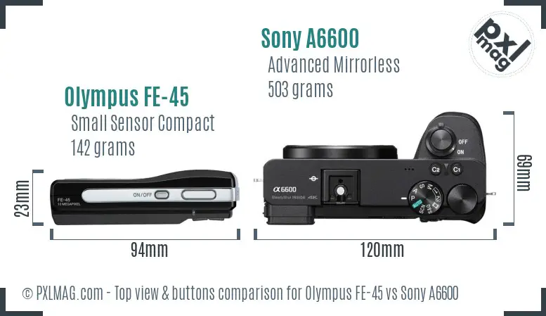 Olympus FE-45 vs Sony A6600 top view buttons comparison