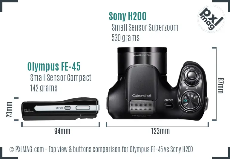 Olympus FE-45 vs Sony H200 top view buttons comparison