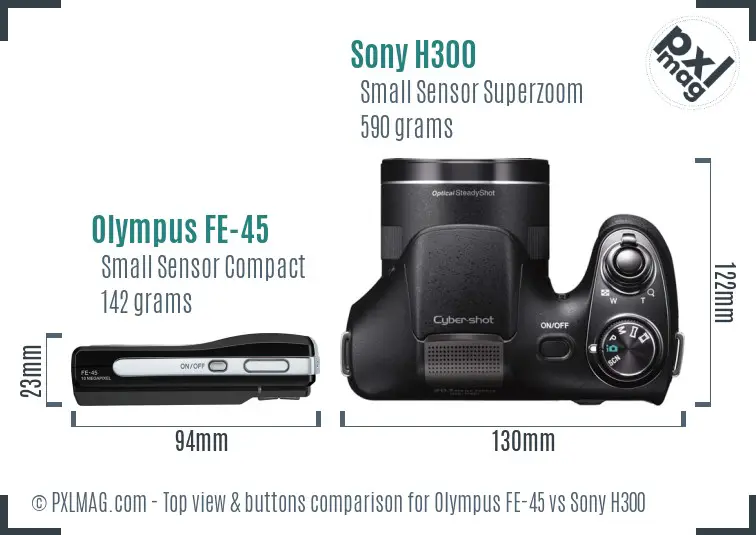Olympus FE-45 vs Sony H300 top view buttons comparison