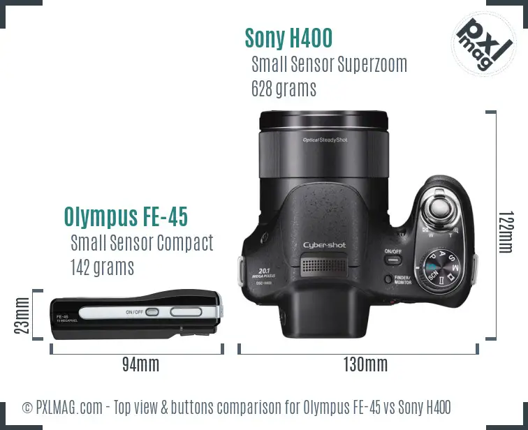 Olympus FE-45 vs Sony H400 top view buttons comparison