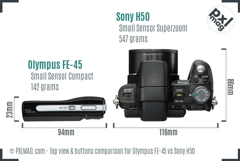 Olympus FE-45 vs Sony H50 top view buttons comparison