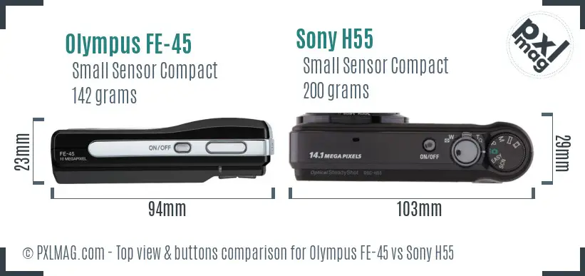 Olympus FE-45 vs Sony H55 top view buttons comparison
