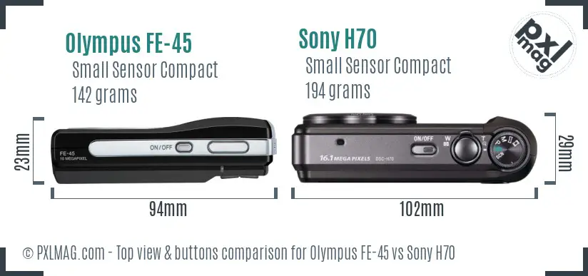 Olympus FE-45 vs Sony H70 top view buttons comparison