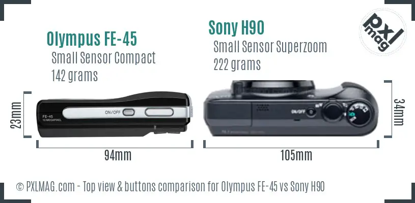 Olympus FE-45 vs Sony H90 top view buttons comparison