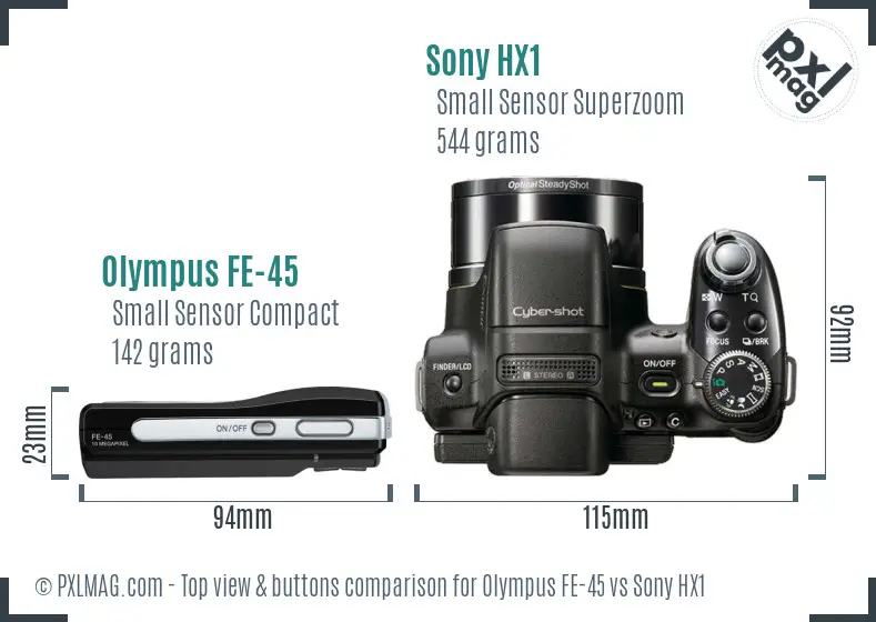 Olympus FE-45 vs Sony HX1 top view buttons comparison