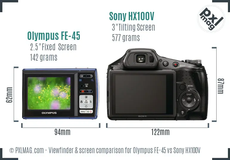 Olympus FE-45 vs Sony HX100V Screen and Viewfinder comparison