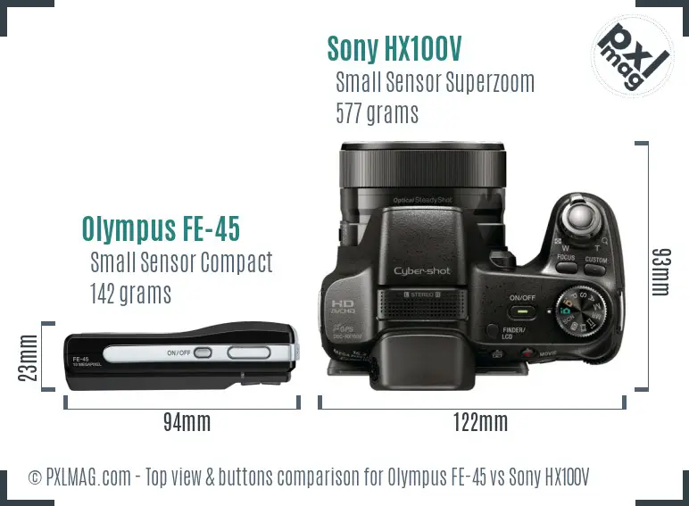 Olympus FE-45 vs Sony HX100V top view buttons comparison