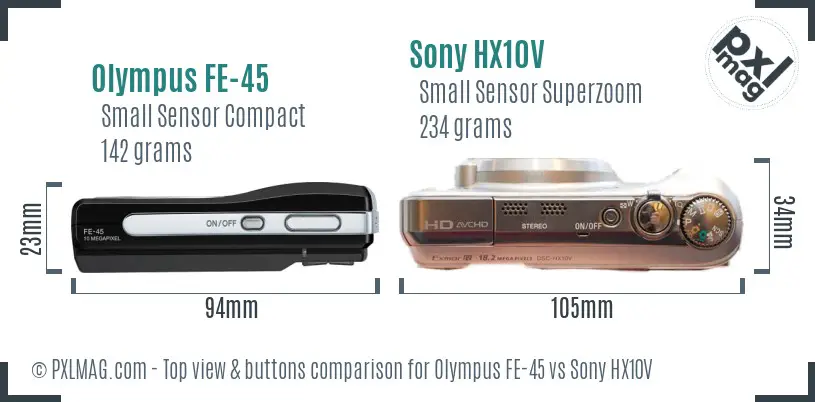 Olympus FE-45 vs Sony HX10V top view buttons comparison