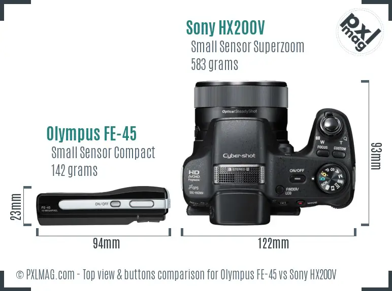 Olympus FE-45 vs Sony HX200V top view buttons comparison