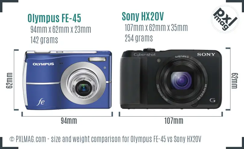 Olympus FE-45 vs Sony HX20V size comparison