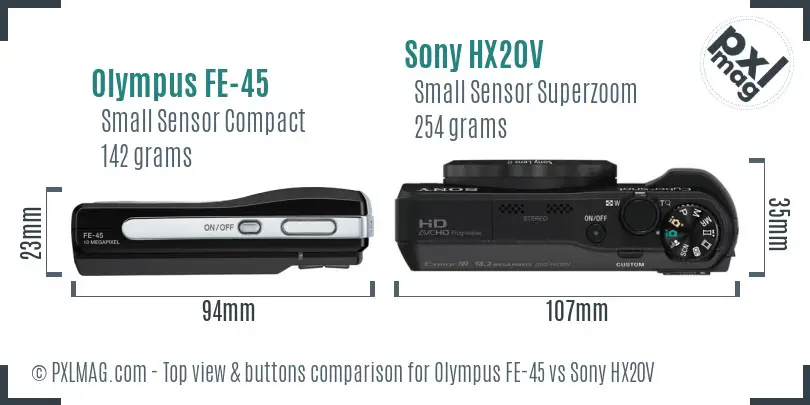 Olympus FE-45 vs Sony HX20V top view buttons comparison