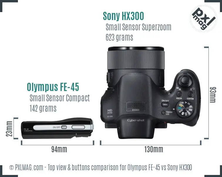Olympus FE-45 vs Sony HX300 top view buttons comparison