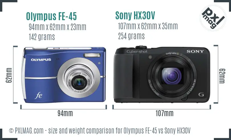 Olympus FE-45 vs Sony HX30V size comparison