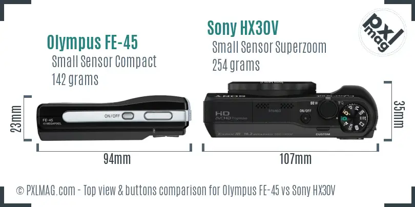 Olympus FE-45 vs Sony HX30V top view buttons comparison