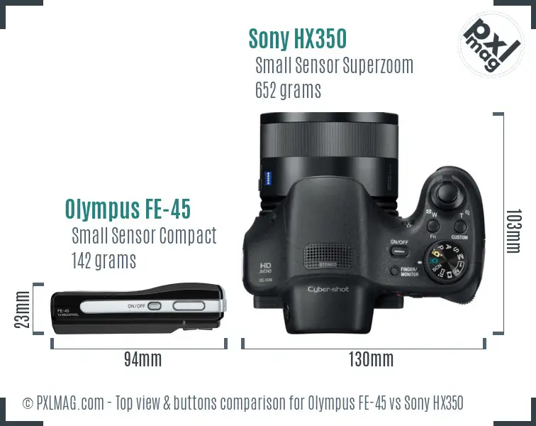 Olympus FE-45 vs Sony HX350 top view buttons comparison