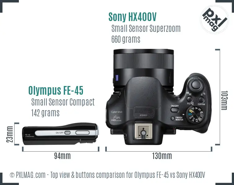 Olympus FE-45 vs Sony HX400V top view buttons comparison