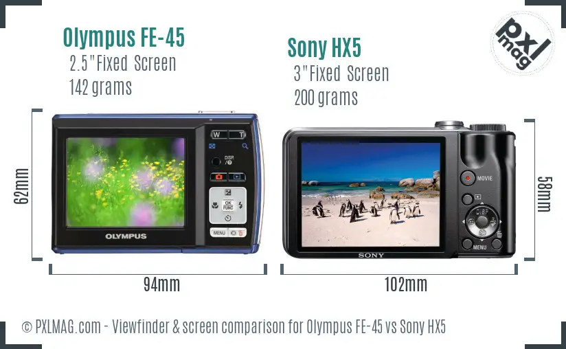 Olympus FE-45 vs Sony HX5 Screen and Viewfinder comparison