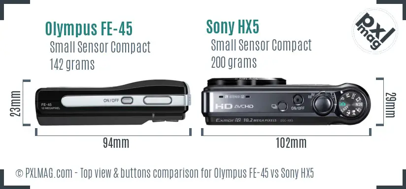 Olympus FE-45 vs Sony HX5 top view buttons comparison