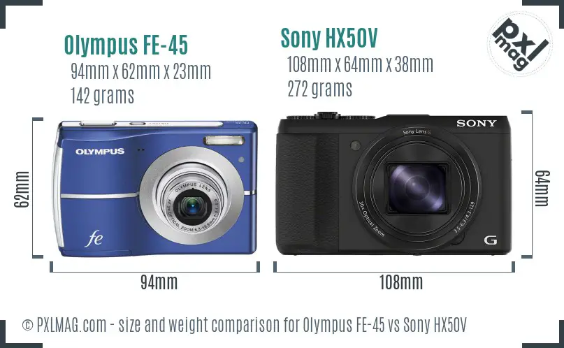 Olympus FE-45 vs Sony HX50V size comparison