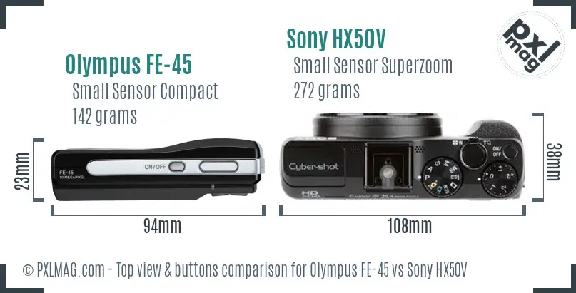 Olympus FE-45 vs Sony HX50V top view buttons comparison