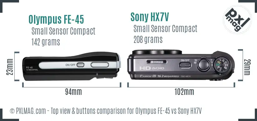Olympus FE-45 vs Sony HX7V top view buttons comparison