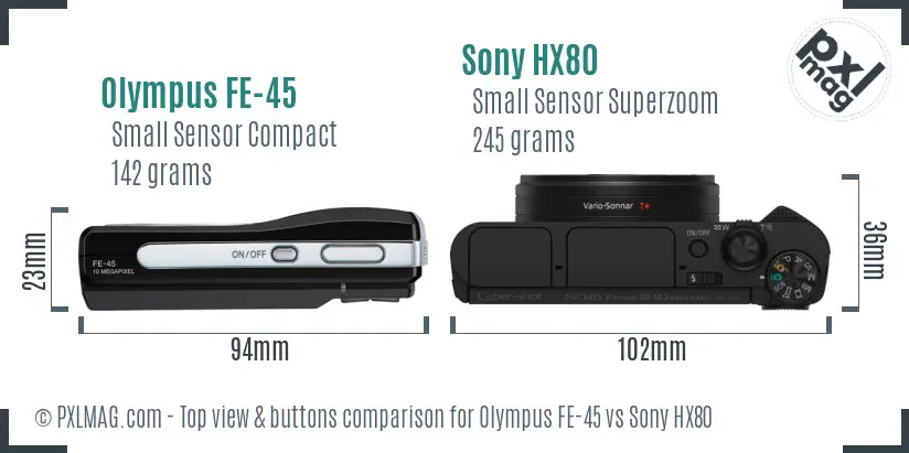 Olympus FE-45 vs Sony HX80 top view buttons comparison