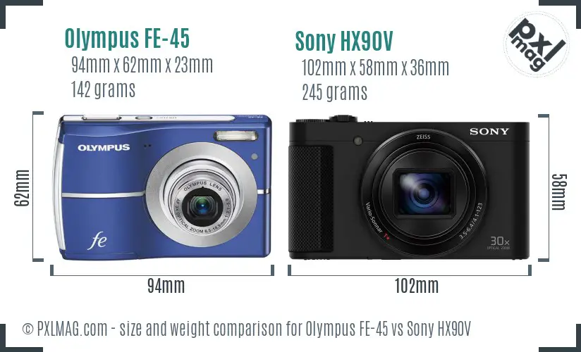 Olympus FE-45 vs Sony HX90V size comparison