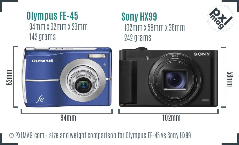 Olympus FE-45 vs Sony HX99 size comparison Olympus FE-45 vs Sony HX99 size comparison
