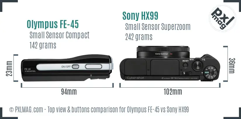 Olympus FE-45 vs Sony HX99 top view buttons comparison Olympus FE-45 vs Sony HX99 top view buttons comparison