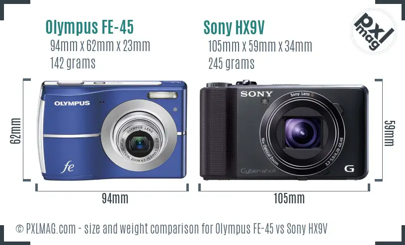 Olympus FE-45 vs Sony HX9V size comparison