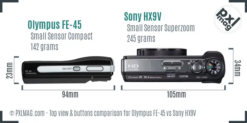 Olympus FE-45 vs Sony HX9V top view buttons comparison