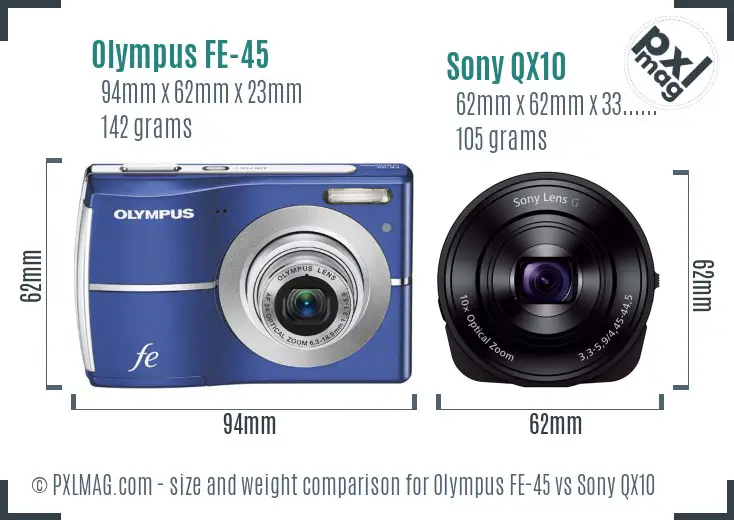 Olympus FE-45 vs Sony QX10 size comparison