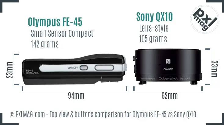 Olympus FE-45 vs Sony QX10 top view buttons comparison