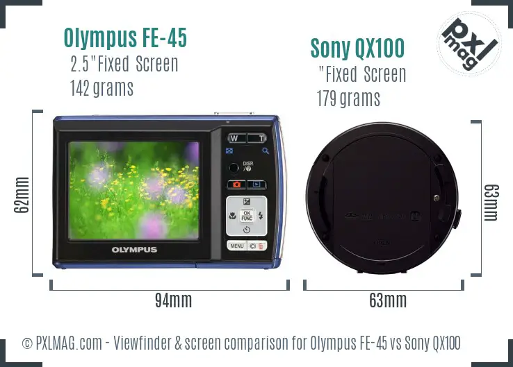 Olympus FE-45 vs Sony QX100 Screen and Viewfinder comparison