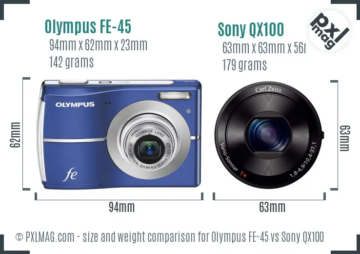 Olympus FE-45 vs Sony QX100 size comparison