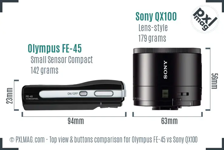 Olympus FE-45 vs Sony QX100 top view buttons comparison