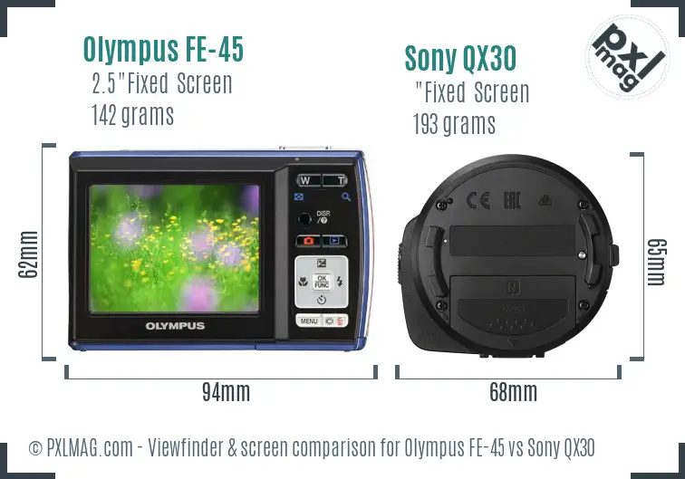 Olympus FE-45 vs Sony QX30 Screen and Viewfinder comparison