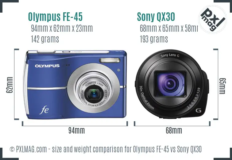 Olympus FE-45 vs Sony QX30 size comparison