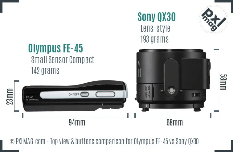 Olympus FE-45 vs Sony QX30 top view buttons comparison