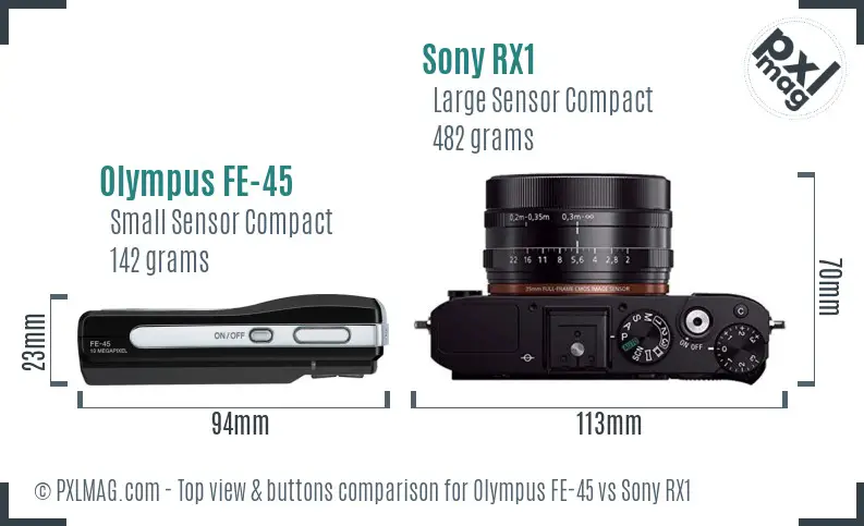 Olympus FE-45 vs Sony RX1 top view buttons comparison