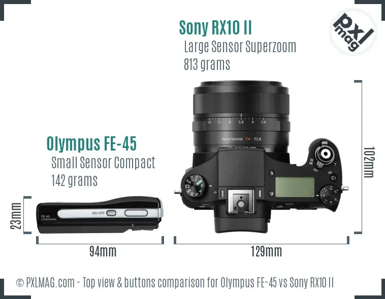 Olympus FE-45 vs Sony RX10 II top view buttons comparison