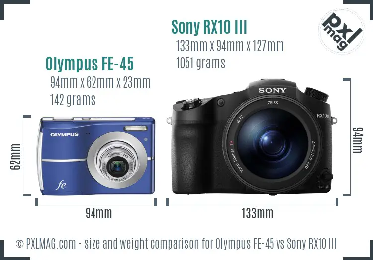 Olympus FE-45 vs Sony RX10 III size comparison