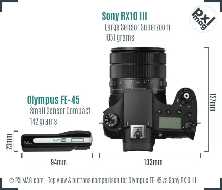 Olympus FE-45 vs Sony RX10 III top view buttons comparison
