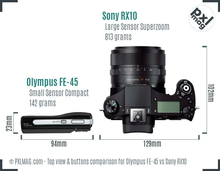 Olympus FE-45 vs Sony RX10 top view buttons comparison