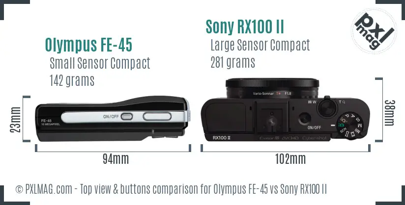 Olympus FE-45 vs Sony RX100 II top view buttons comparison