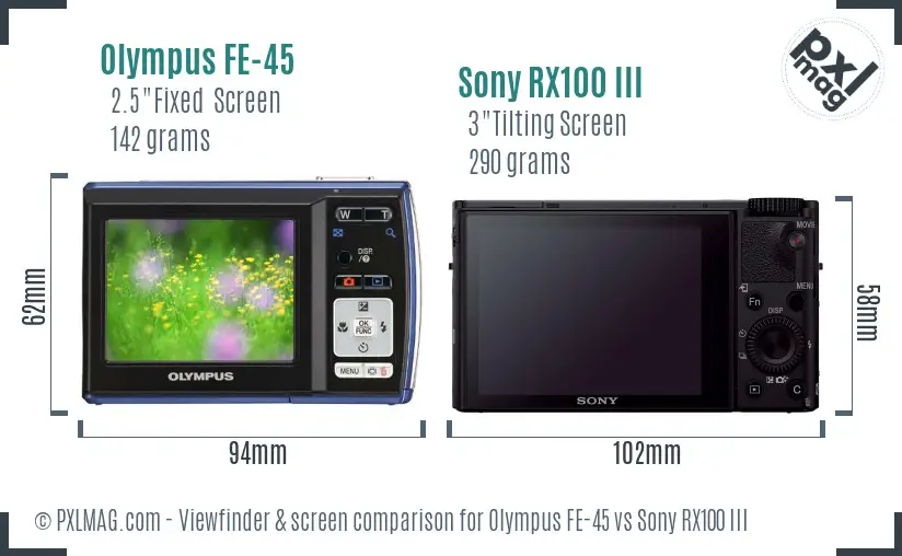 Olympus FE-45 vs Sony RX100 III Screen and Viewfinder comparison