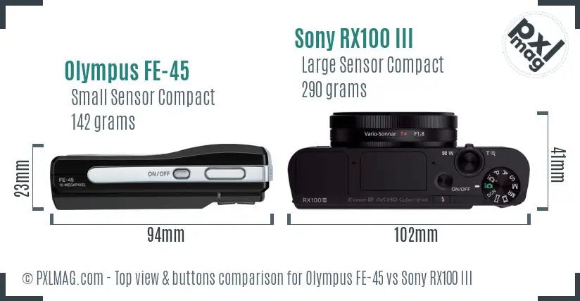 Olympus FE-45 vs Sony RX100 III top view buttons comparison