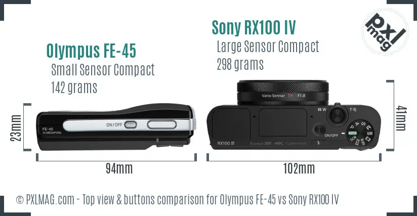 Olympus FE-45 vs Sony RX100 IV top view buttons comparison