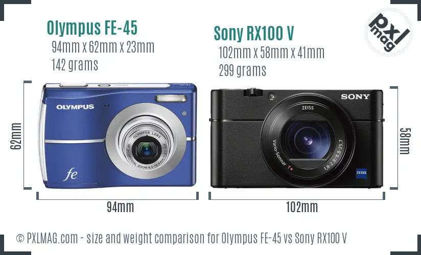 Olympus FE-45 vs Sony RX100 V size comparison